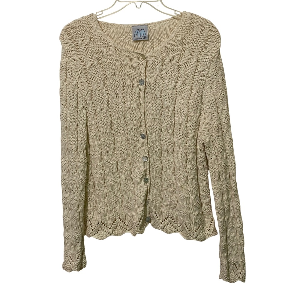 Vtg 80s 90s Sweater Tale Cable Knit Fisherman Cardigan M Cream Made in USA